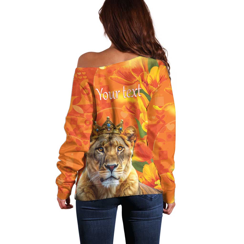 Personalized Netherlands Koninginnedag Off Shoulder Sweater 30th April Lioness with Orange Tulip