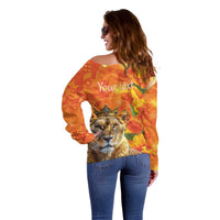 Personalized Netherlands Koninginnedag Off Shoulder Sweater 30th April Lioness with Orange Tulip