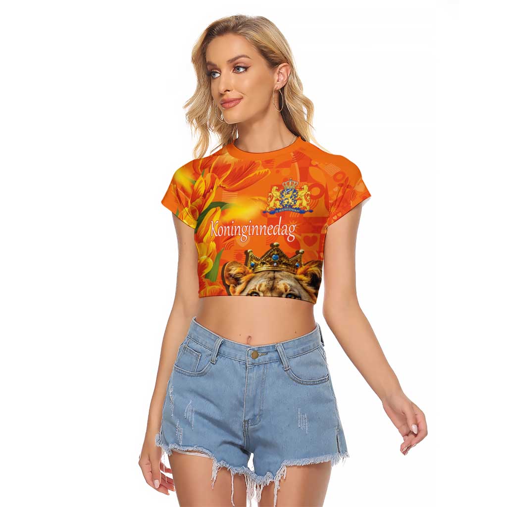 Personalized Netherlands Koninginnedag Raglan Cropped T Shirt 30th April Lioness with Orange Tulip