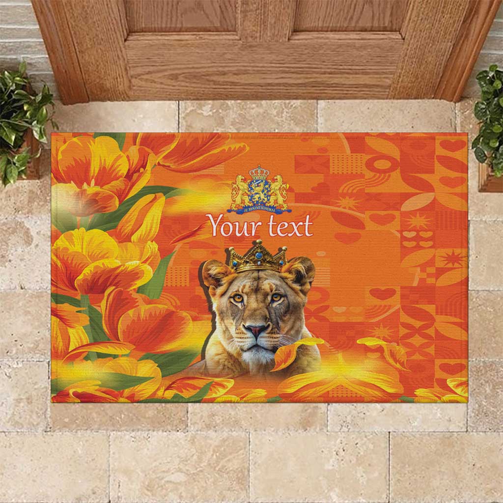 Personalized Netherlands Koninginnedag Rubber Doormat 30th April Lioness with Orange Tulip