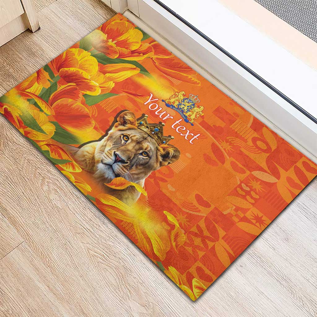 Personalized Netherlands Koninginnedag Rubber Doormat 30th April Lioness with Orange Tulip