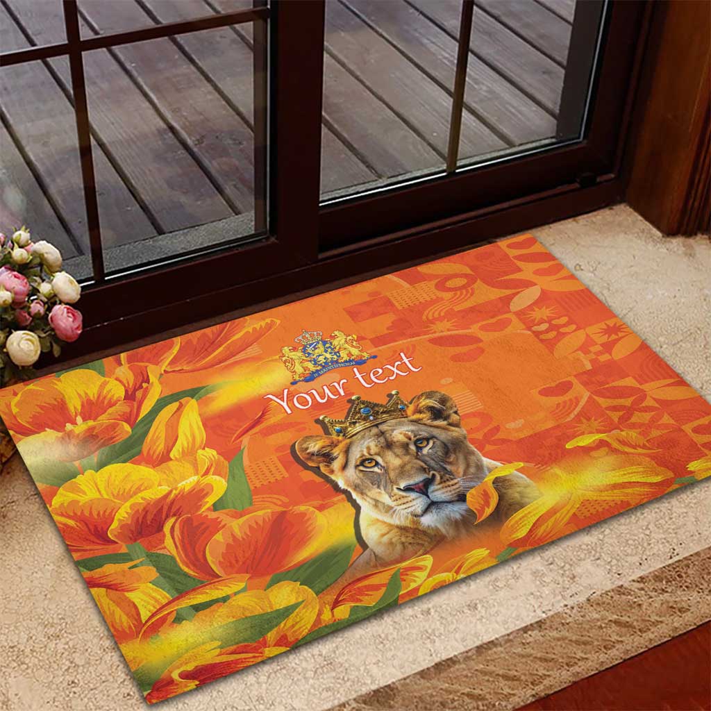 Personalized Netherlands Koninginnedag Rubber Doormat 30th April Lioness with Orange Tulip