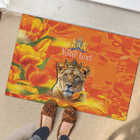 Personalized Netherlands Koninginnedag Rubber Doormat 30th April Lioness with Orange Tulip