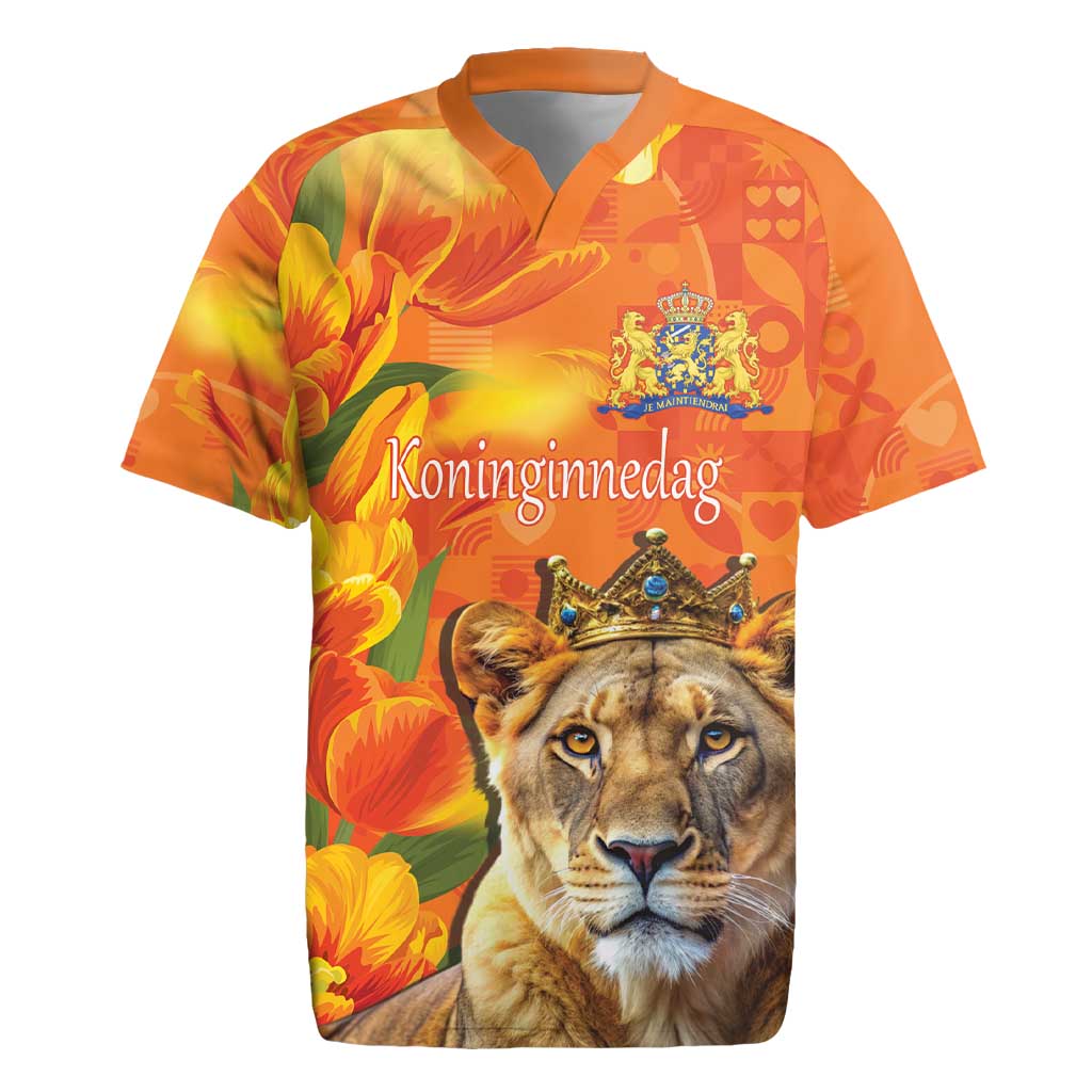 Personalized Netherlands Koninginnedag Rugby Jersey 30th April Lioness with Orange Tulip
