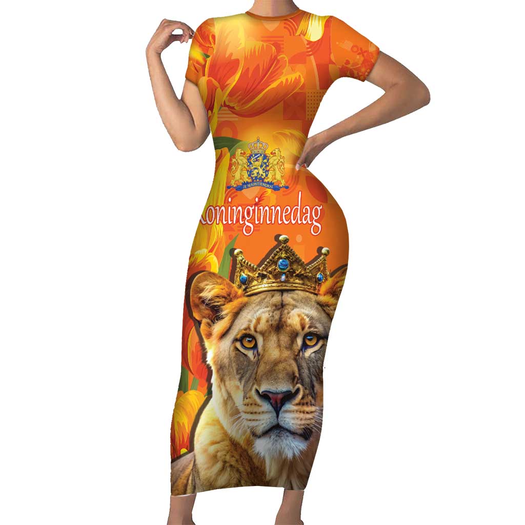 Personalized Netherlands Koninginnedag Short Sleeve Bodycon Dress 30th April Lioness with Orange Tulip