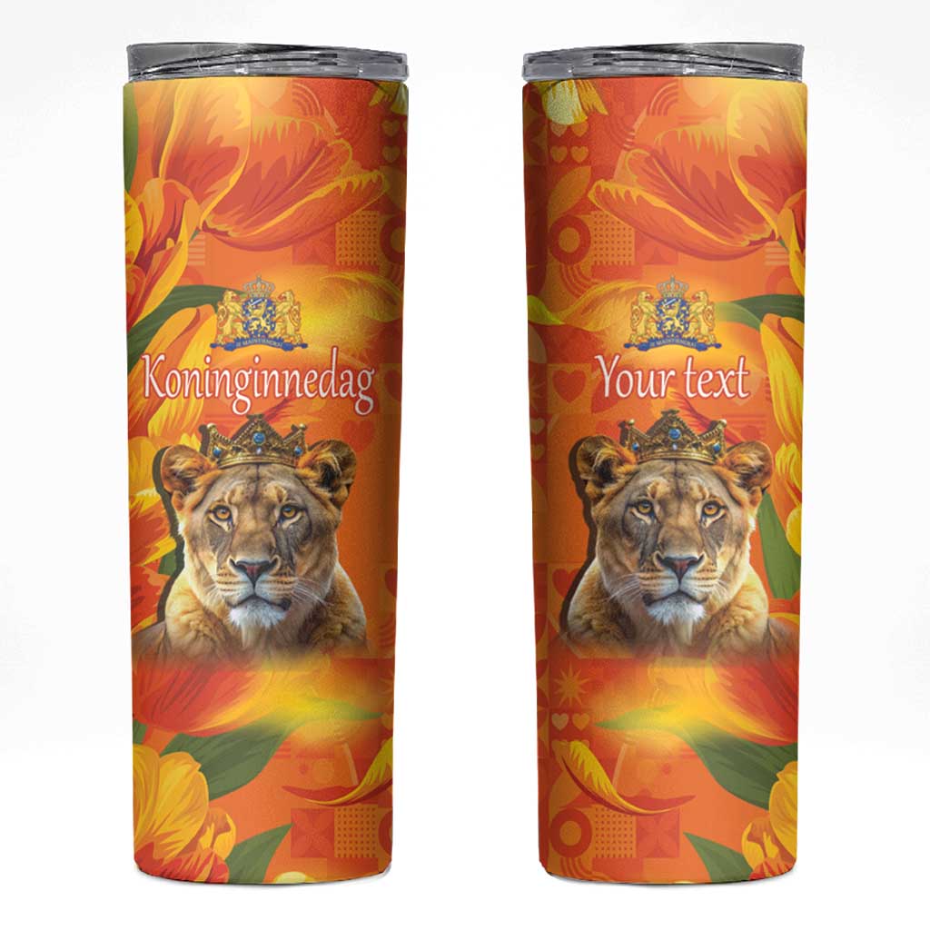 Personalized Netherlands Koninginnedag Skinny Tumbler 30th April Lioness with Orange Tulip