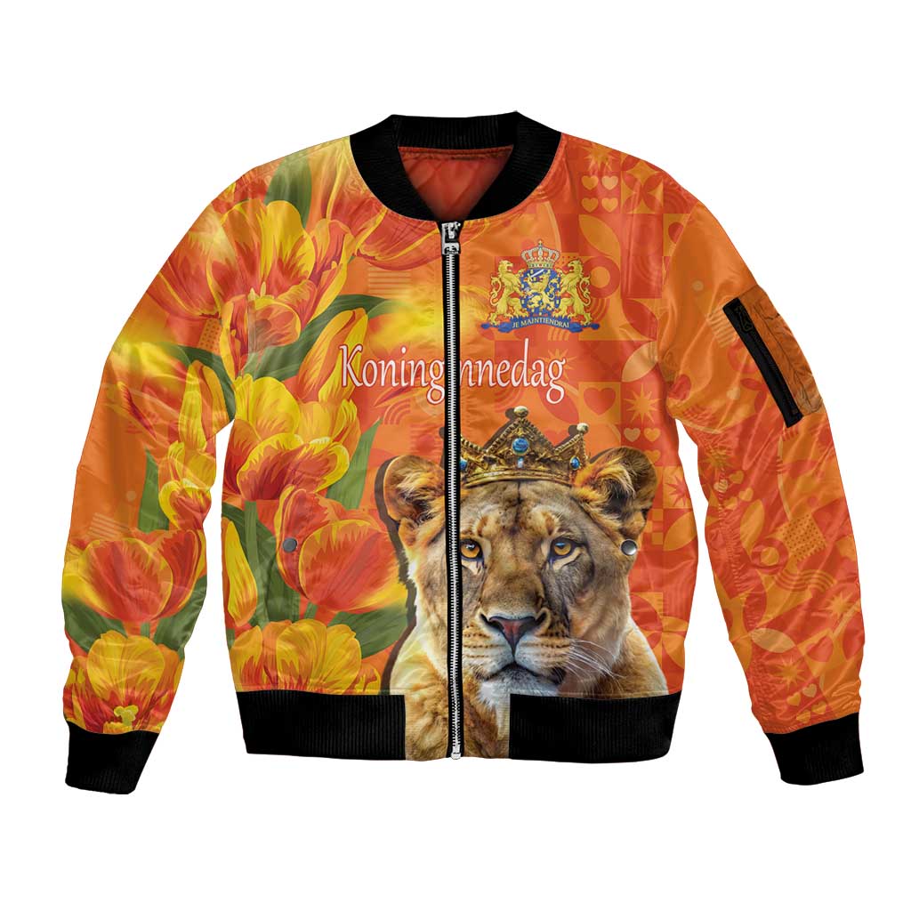 Personalized Netherlands Koninginnedag Sleeve Zip Bomber Jacket 30th April Lioness with Orange Tulip