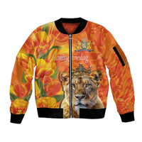 Personalized Netherlands Koninginnedag Sleeve Zip Bomber Jacket 30th April Lioness with Orange Tulip