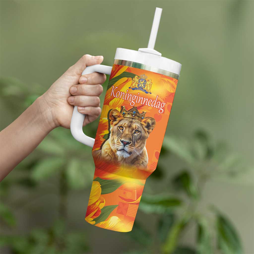Personalized Netherlands Koninginnedag Tumbler With Handle 30th April Lioness with Orange Tulip