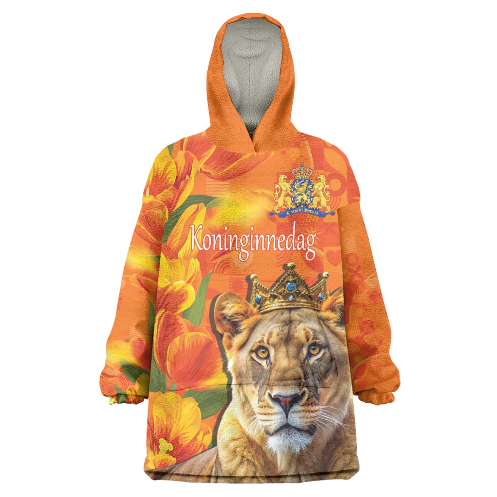 Personalized Netherlands Koninginnedag Wearable Blanket Hoodie 30th April Lioness with Orange Tulip