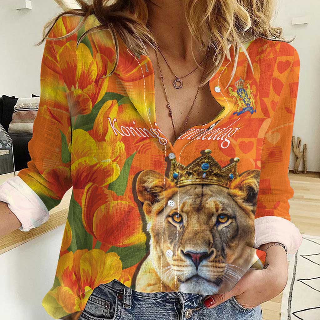 Personalized Netherlands Koninginnedag Women Casual Shirt 30th April Lioness with Orange Tulip
