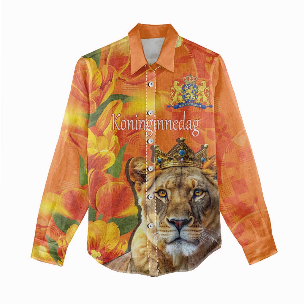 Personalized Netherlands Koninginnedag Women Casual Shirt 30th April Lioness with Orange Tulip