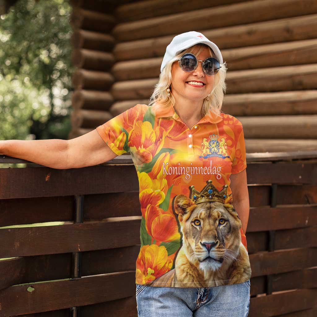 Personalized Netherlands Koninginnedag Women Polo Shirt 30th April Lioness with Orange Tulip