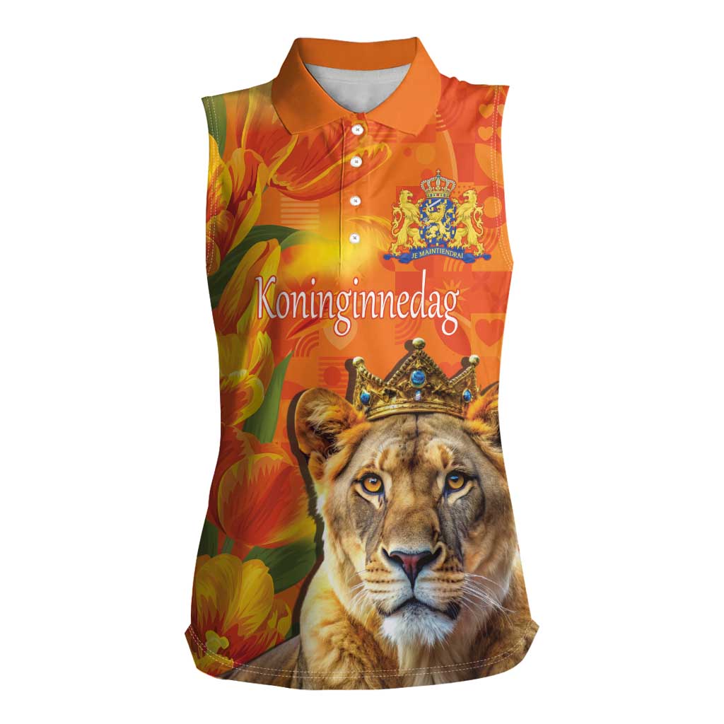 Personalized Netherlands Koninginnedag Women Sleeveless Polo Shirt 30th April Lioness with Orange Tulip