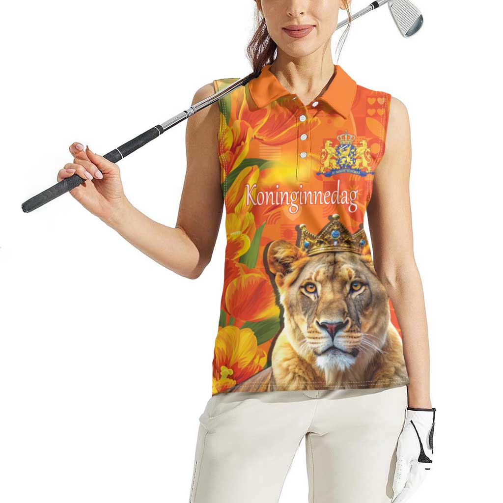 Personalized Netherlands Koninginnedag Women Sleeveless Polo Shirt 30th April Lioness with Orange Tulip