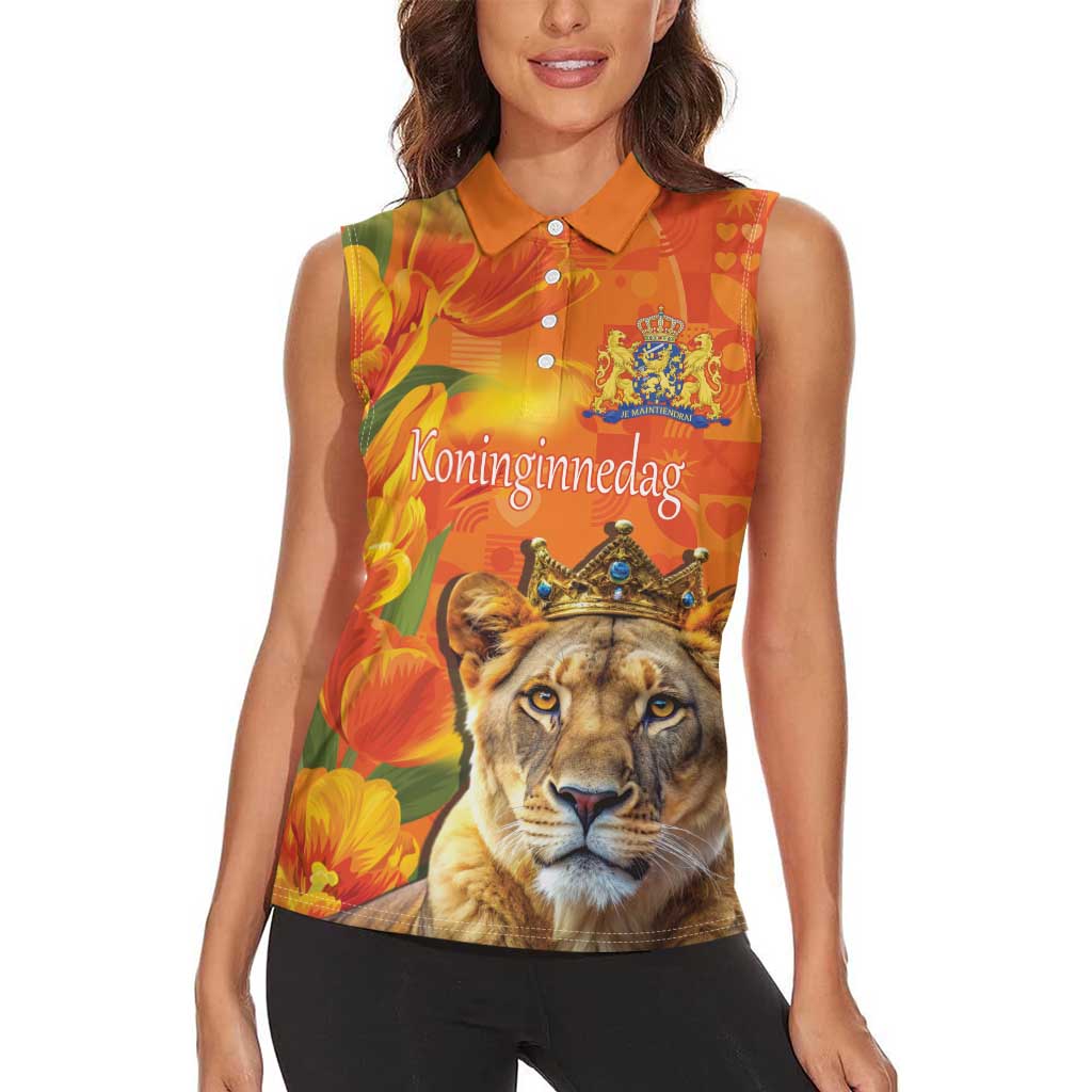 Personalized Netherlands Koninginnedag Women Sleeveless Polo Shirt 30th April Lioness with Orange Tulip
