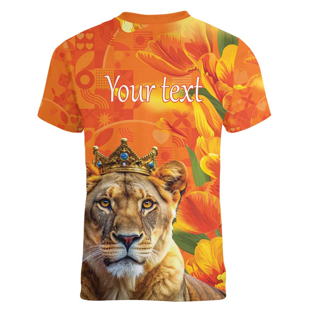 Personalized Netherlands Koninginnedag Women V-Neck T-Shirt 30th April Lioness with Orange Tulip