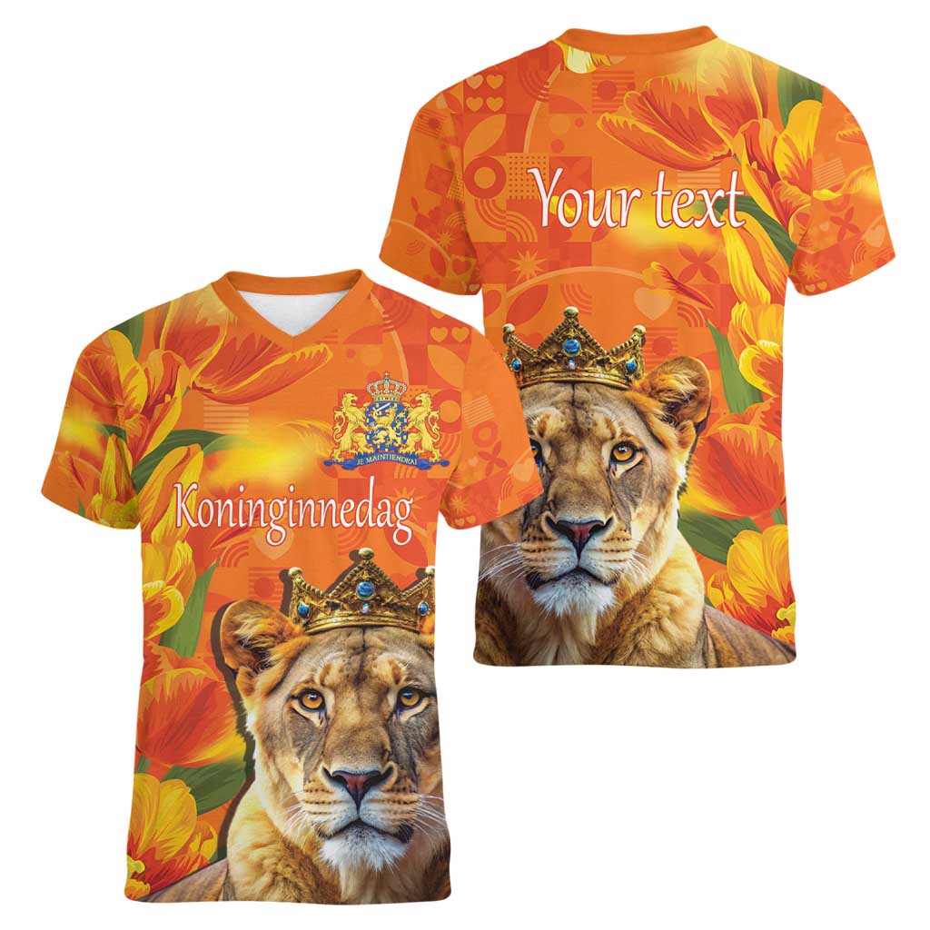 Personalized Netherlands Koninginnedag Women V-Neck T-Shirt 30th April Lioness with Orange Tulip