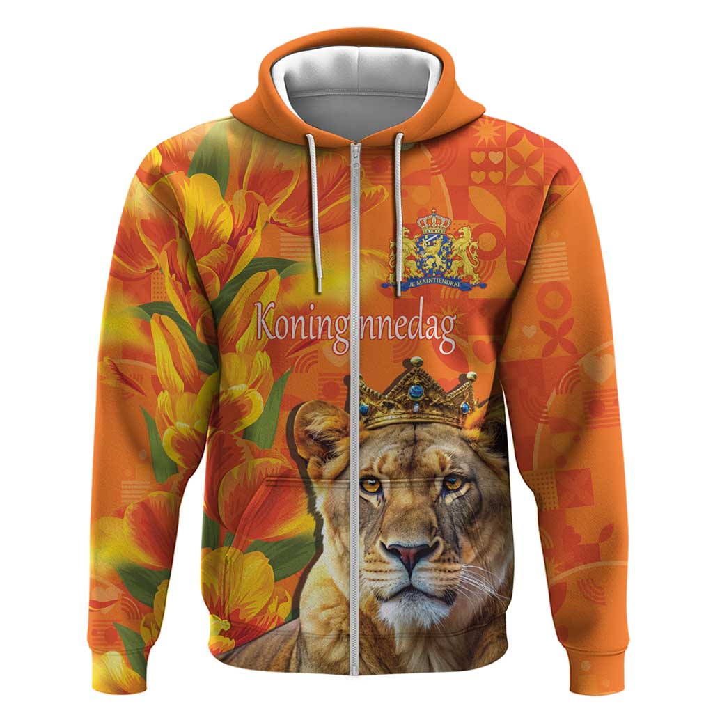 Personalized Netherlands Koninginnedag Zip Hoodie 30th April Lioness with Orange Tulip