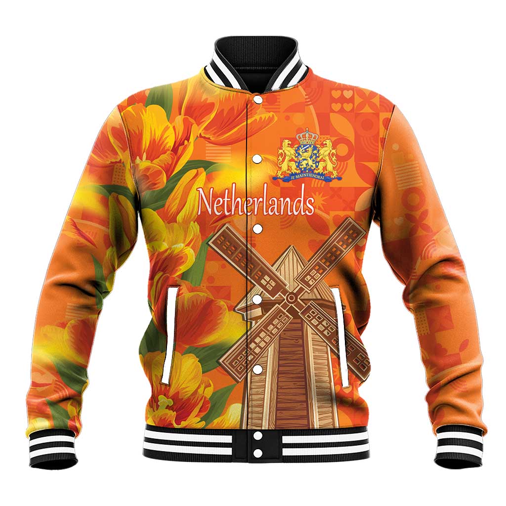Personalized Netherlands Orange Tulip and Wildmill Baseball Jacket