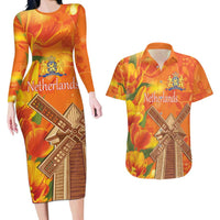 Personalized Netherlands Orange Tulip and Wildmill Couples Matching Long Sleeve Bodycon Dress and Hawaiian Shirt