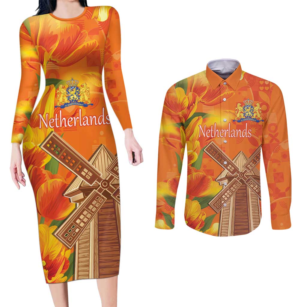 Personalized Netherlands Orange Tulip and Wildmill Couples Matching Long Sleeve Bodycon Dress and Long Sleeve Button Shirt