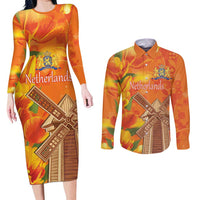 Personalized Netherlands Orange Tulip and Wildmill Couples Matching Long Sleeve Bodycon Dress and Long Sleeve Button Shirt