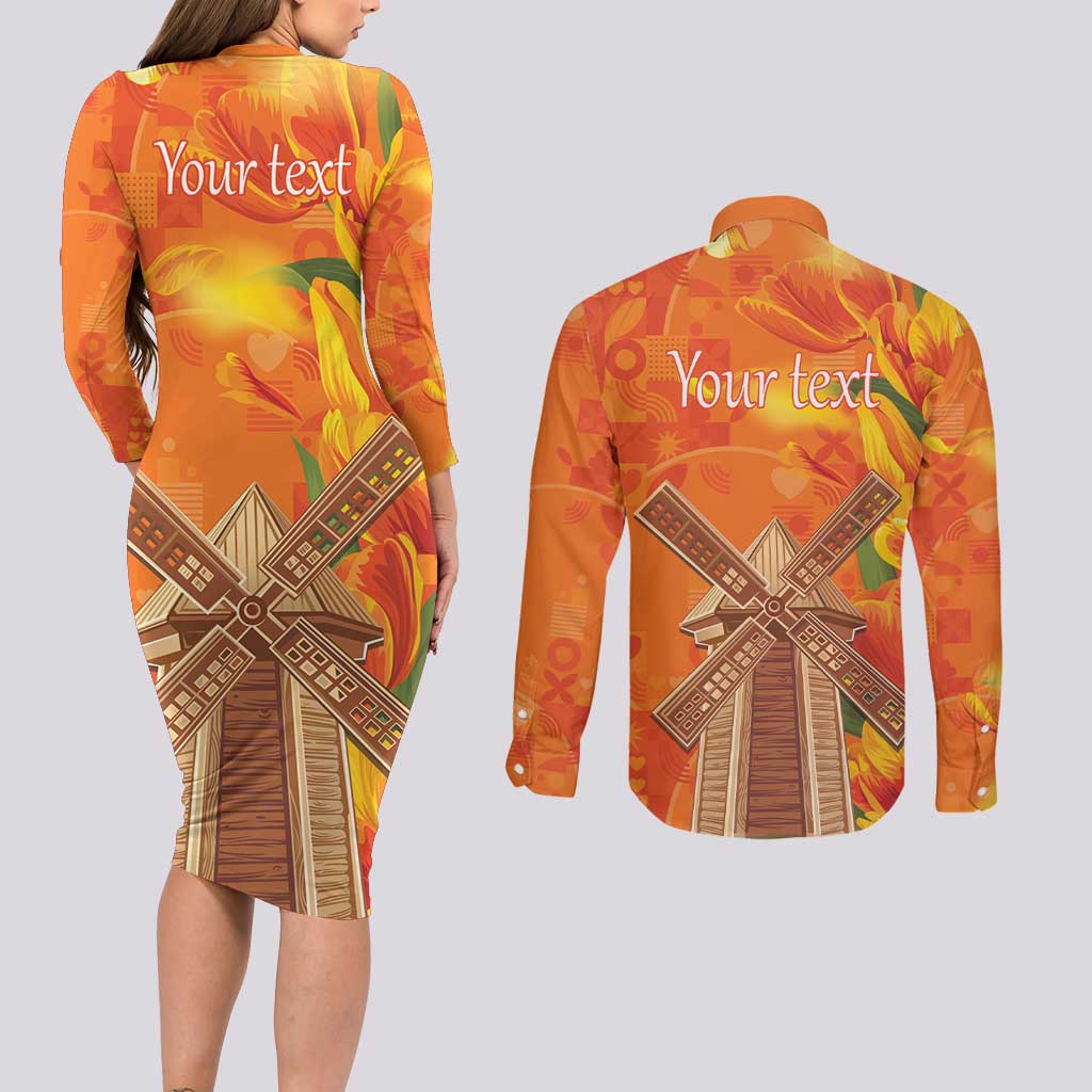 Personalized Netherlands Orange Tulip and Wildmill Couples Matching Long Sleeve Bodycon Dress and Long Sleeve Button Shirt