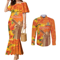 Personalized Netherlands Orange Tulip and Wildmill Couples Matching Mermaid Dress and Long Sleeve Button Shirt