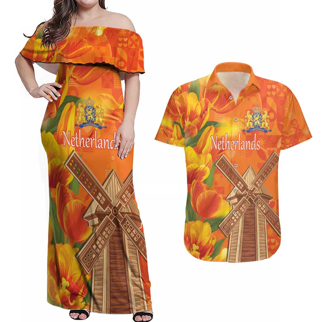 Personalized Netherlands Orange Tulip and Wildmill Couples Matching Off Shoulder Maxi Dress and Hawaiian Shirt