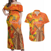 Personalized Netherlands Orange Tulip and Wildmill Couples Matching Off Shoulder Maxi Dress and Hawaiian Shirt