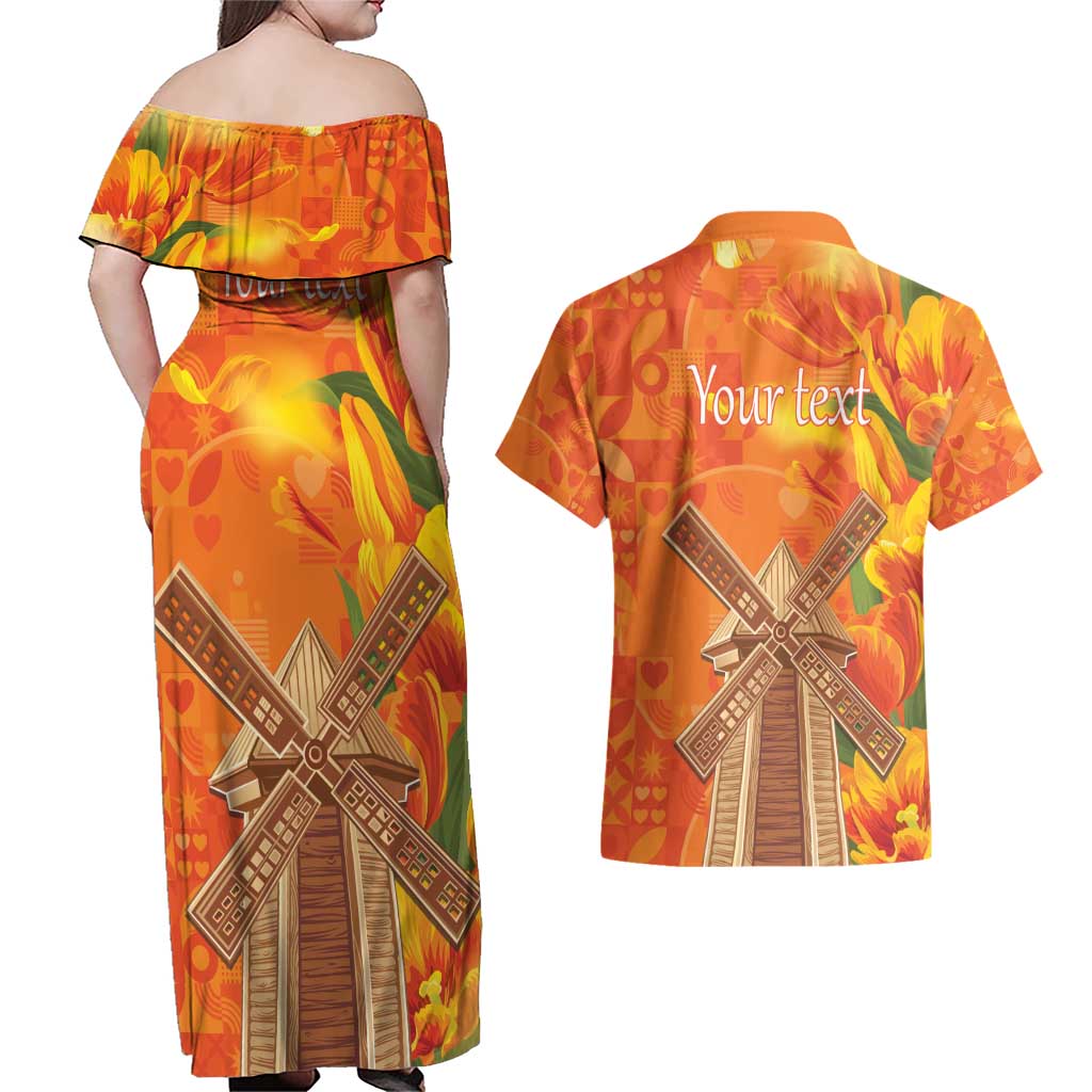 Personalized Netherlands Orange Tulip and Wildmill Couples Matching Off Shoulder Maxi Dress and Hawaiian Shirt
