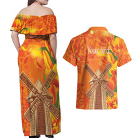 Personalized Netherlands Orange Tulip and Wildmill Couples Matching Off Shoulder Maxi Dress and Hawaiian Shirt