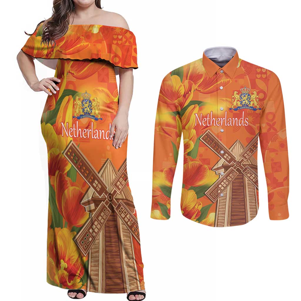Personalized Netherlands Orange Tulip and Wildmill Couples Matching Off Shoulder Maxi Dress and Long Sleeve Button Shirt