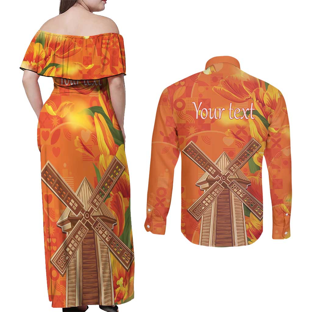 Personalized Netherlands Orange Tulip and Wildmill Couples Matching Off Shoulder Maxi Dress and Long Sleeve Button Shirt