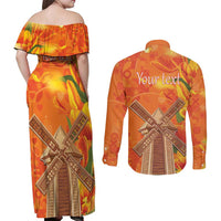 Personalized Netherlands Orange Tulip and Wildmill Couples Matching Off Shoulder Maxi Dress and Long Sleeve Button Shirt