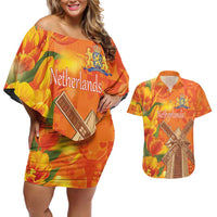 Personalized Netherlands Orange Tulip and Wildmill Couples Matching Off Shoulder Short Dress and Hawaiian Shirt