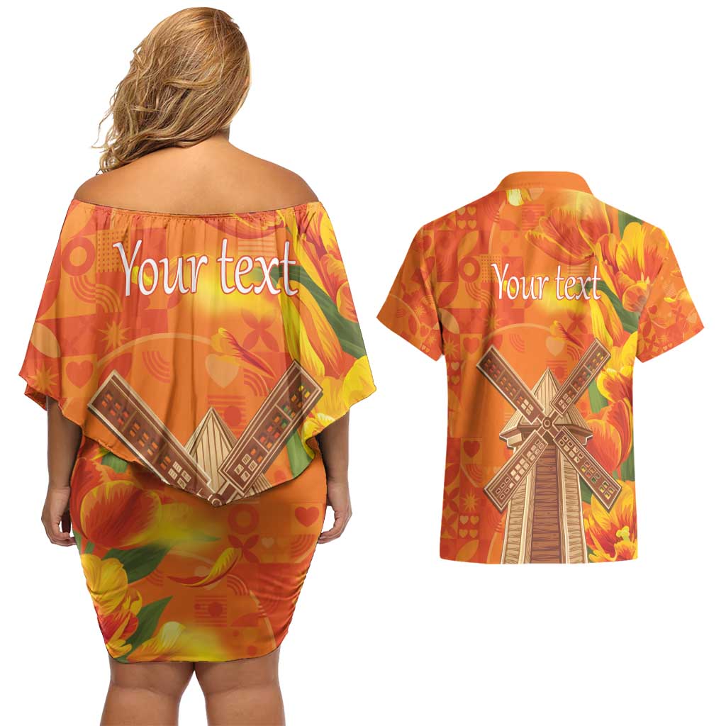 Personalized Netherlands Orange Tulip and Wildmill Couples Matching Off Shoulder Short Dress and Hawaiian Shirt