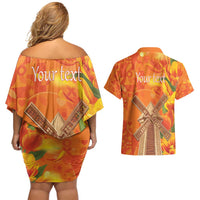 Personalized Netherlands Orange Tulip and Wildmill Couples Matching Off Shoulder Short Dress and Hawaiian Shirt