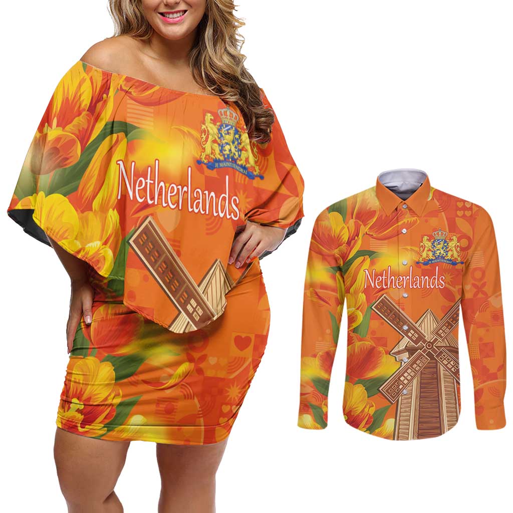 Personalized Netherlands Orange Tulip and Wildmill Couples Matching Off Shoulder Short Dress and Long Sleeve Button Shirt