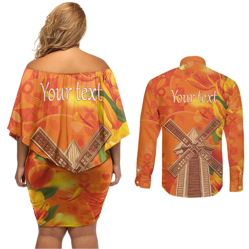 Personalized Netherlands Orange Tulip and Wildmill Couples Matching Off Shoulder Short Dress and Long Sleeve Button Shirt