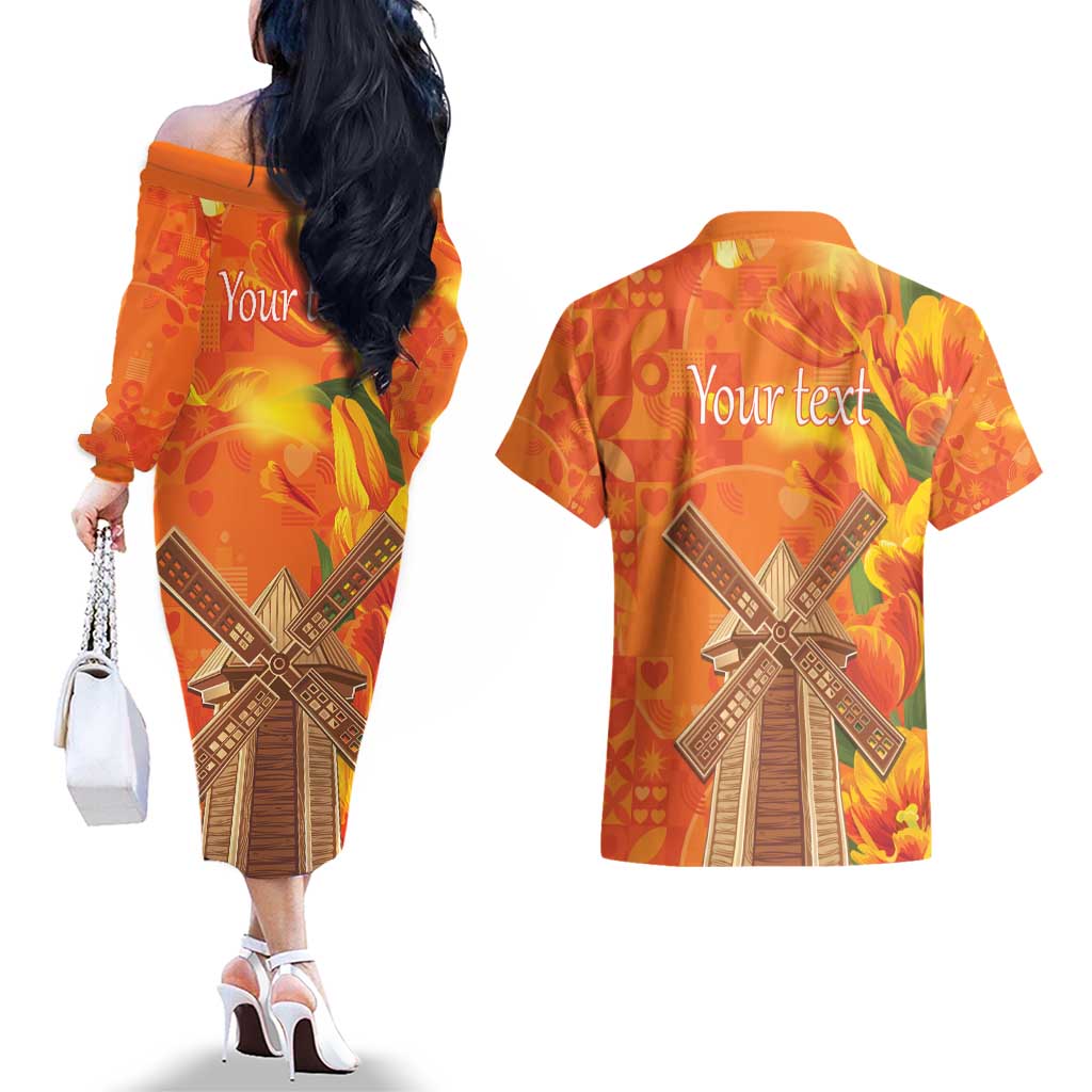 Personalized Netherlands Orange Tulip and Wildmill Couples Matching Off The Shoulder Long Sleeve Dress and Hawaiian Shirt