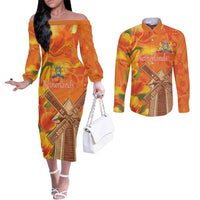 Personalized Netherlands Orange Tulip and Wildmill Couples Matching Off The Shoulder Long Sleeve Dress and Long Sleeve Button Shirt