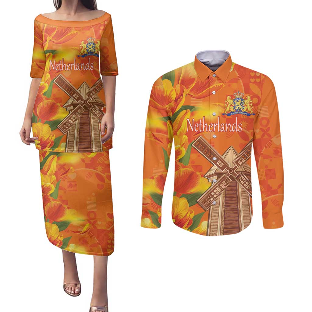 Personalized Netherlands Orange Tulip and Wildmill Couples Matching Puletasi and Long Sleeve Button Shirt