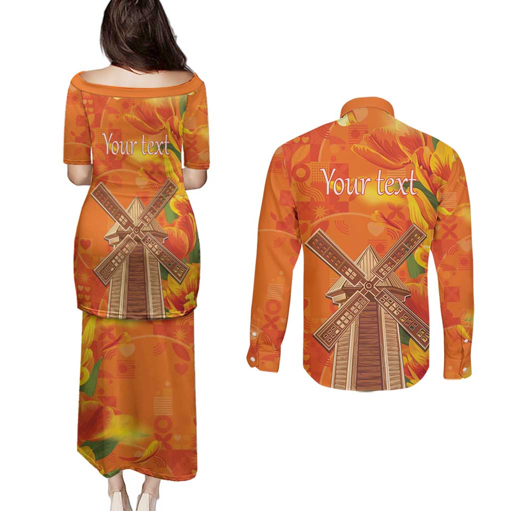 Personalized Netherlands Orange Tulip and Wildmill Couples Matching Puletasi and Long Sleeve Button Shirt