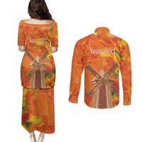 Personalized Netherlands Orange Tulip and Wildmill Couples Matching Puletasi and Long Sleeve Button Shirt