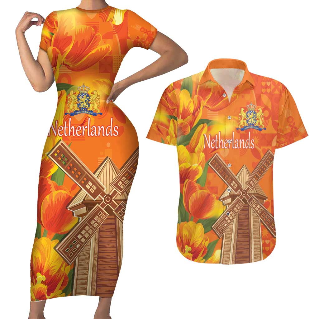 Personalized Netherlands Orange Tulip and Wildmill Couples Matching Short Sleeve Bodycon Dress and Hawaiian Shirt