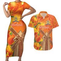 Personalized Netherlands Orange Tulip and Wildmill Couples Matching Short Sleeve Bodycon Dress and Hawaiian Shirt
