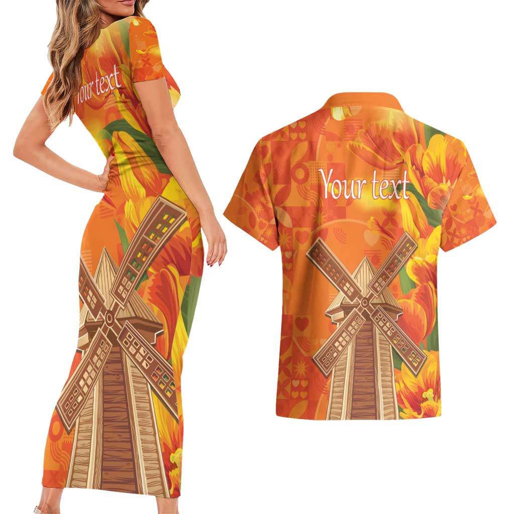 Personalized Netherlands Orange Tulip and Wildmill Couples Matching Short Sleeve Bodycon Dress and Hawaiian Shirt