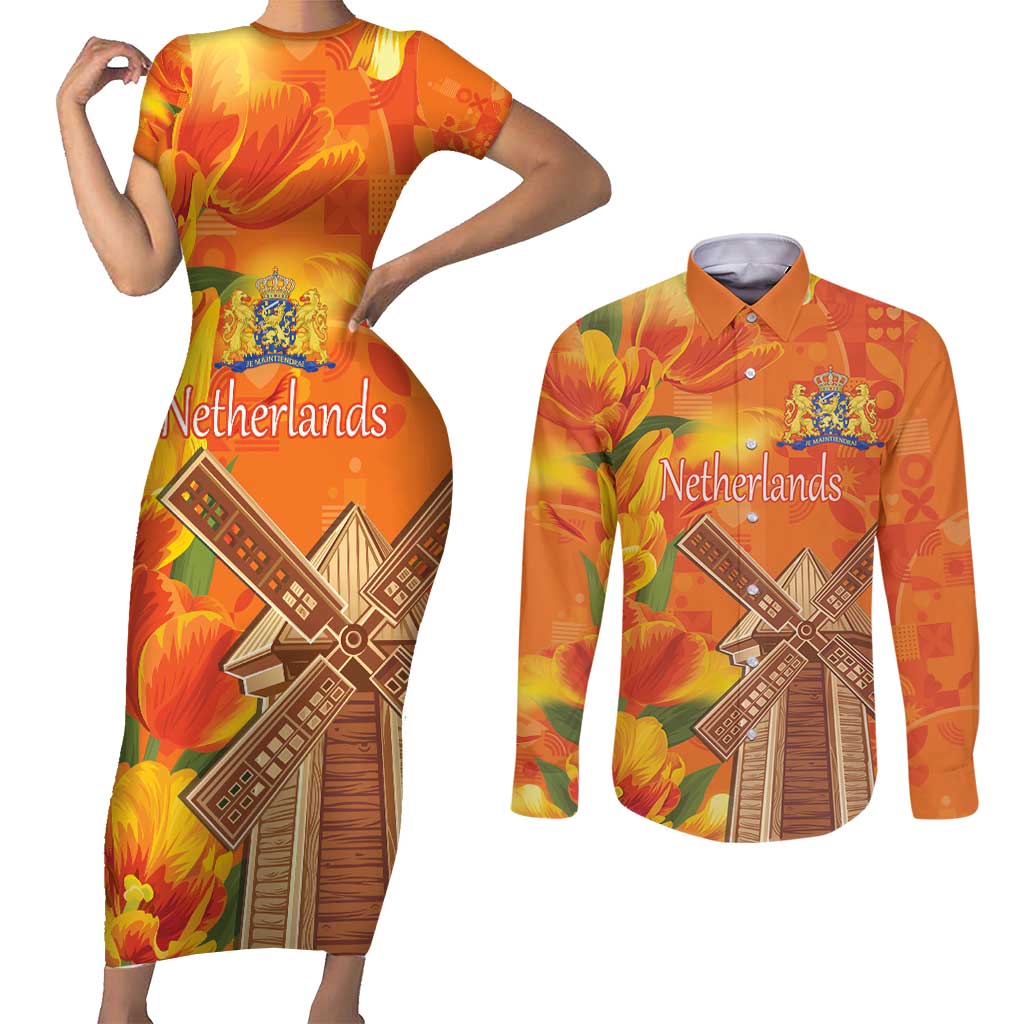 Personalized Netherlands Orange Tulip and Wildmill Couples Matching Short Sleeve Bodycon Dress and Long Sleeve Button Shirt